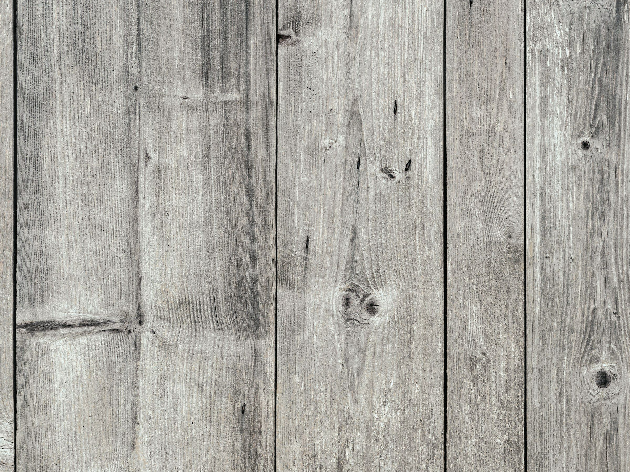 Weathered cedar boards silvered by rain, their grain raised and knots dark.