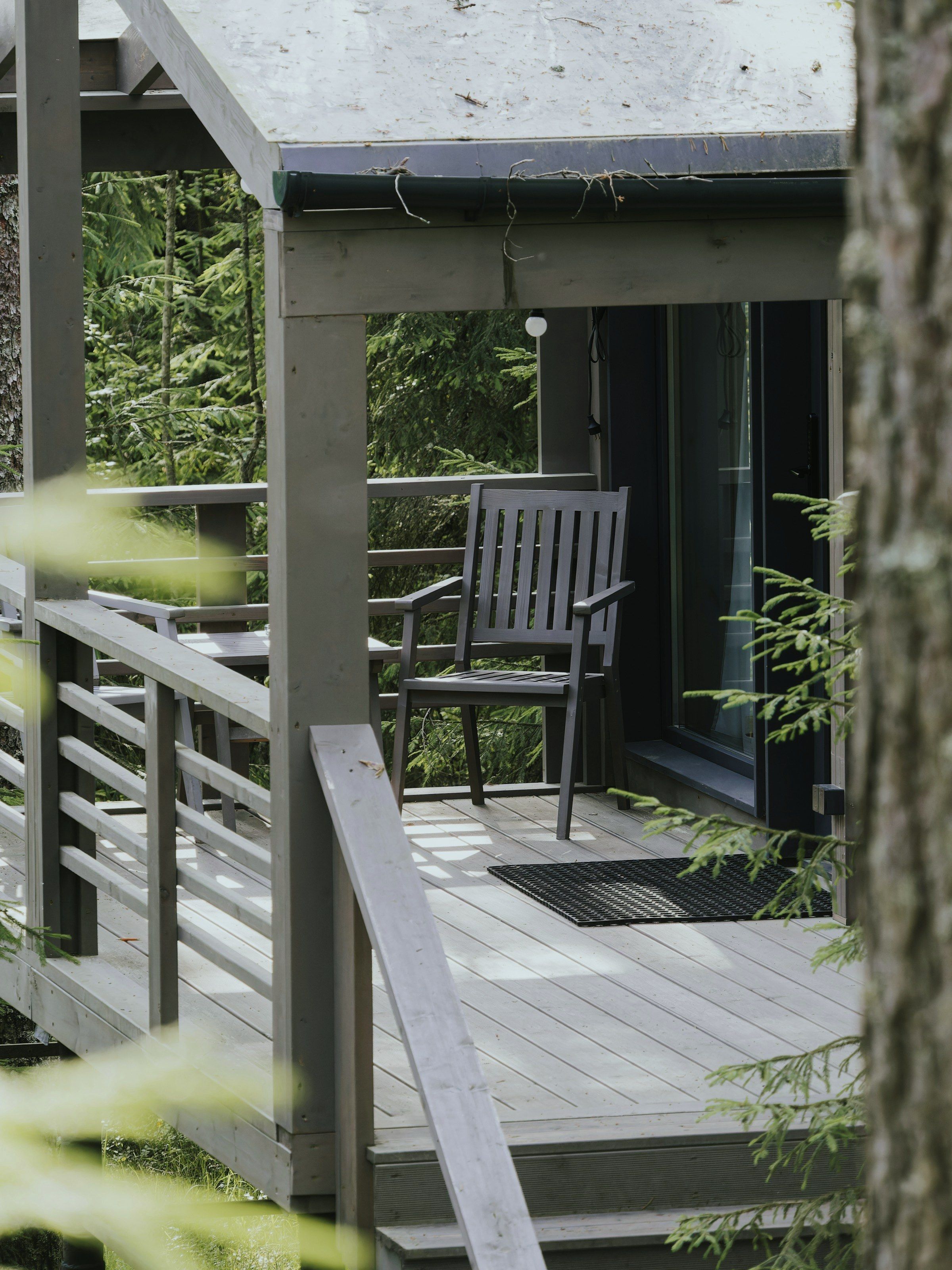 A weathered timber deck and chair set against the forest edge of the lot.