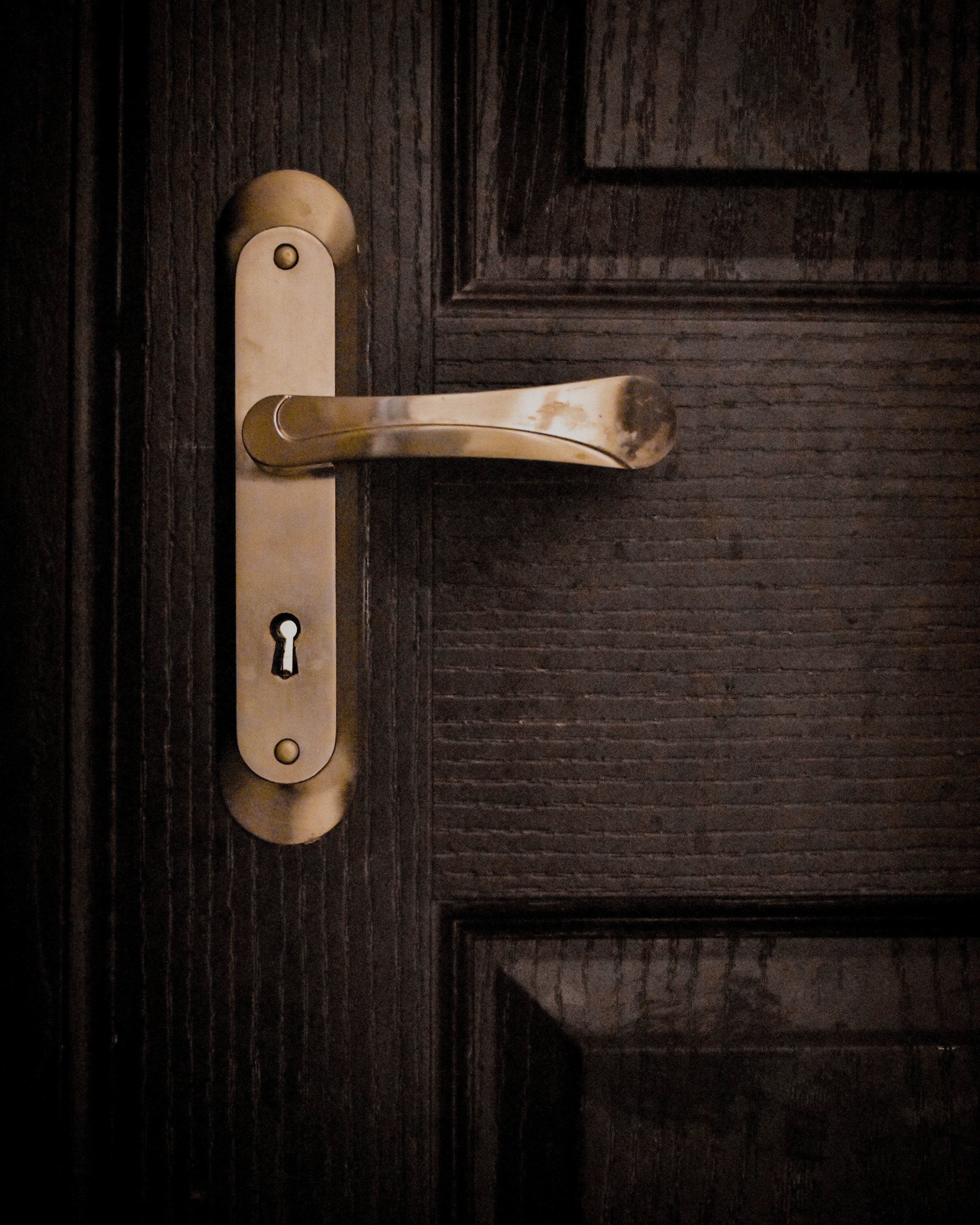A patinated unlacquered brass lever handle and keyhole plate on a dark stained oak panelled door.
