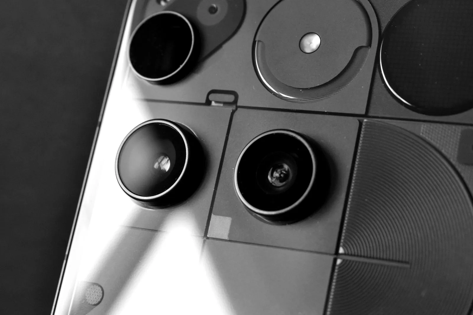 Close up of several small camera lenses