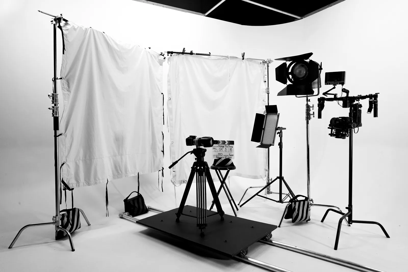 A studio with lights, stands and a white backdrop
