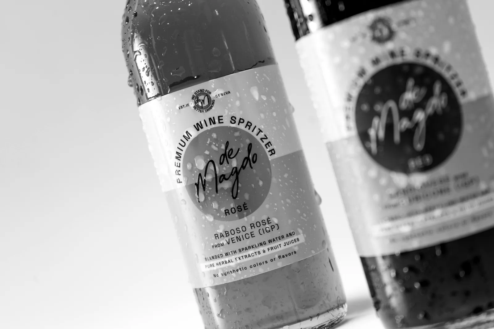 Two bottles of sparkling drink beaded with water