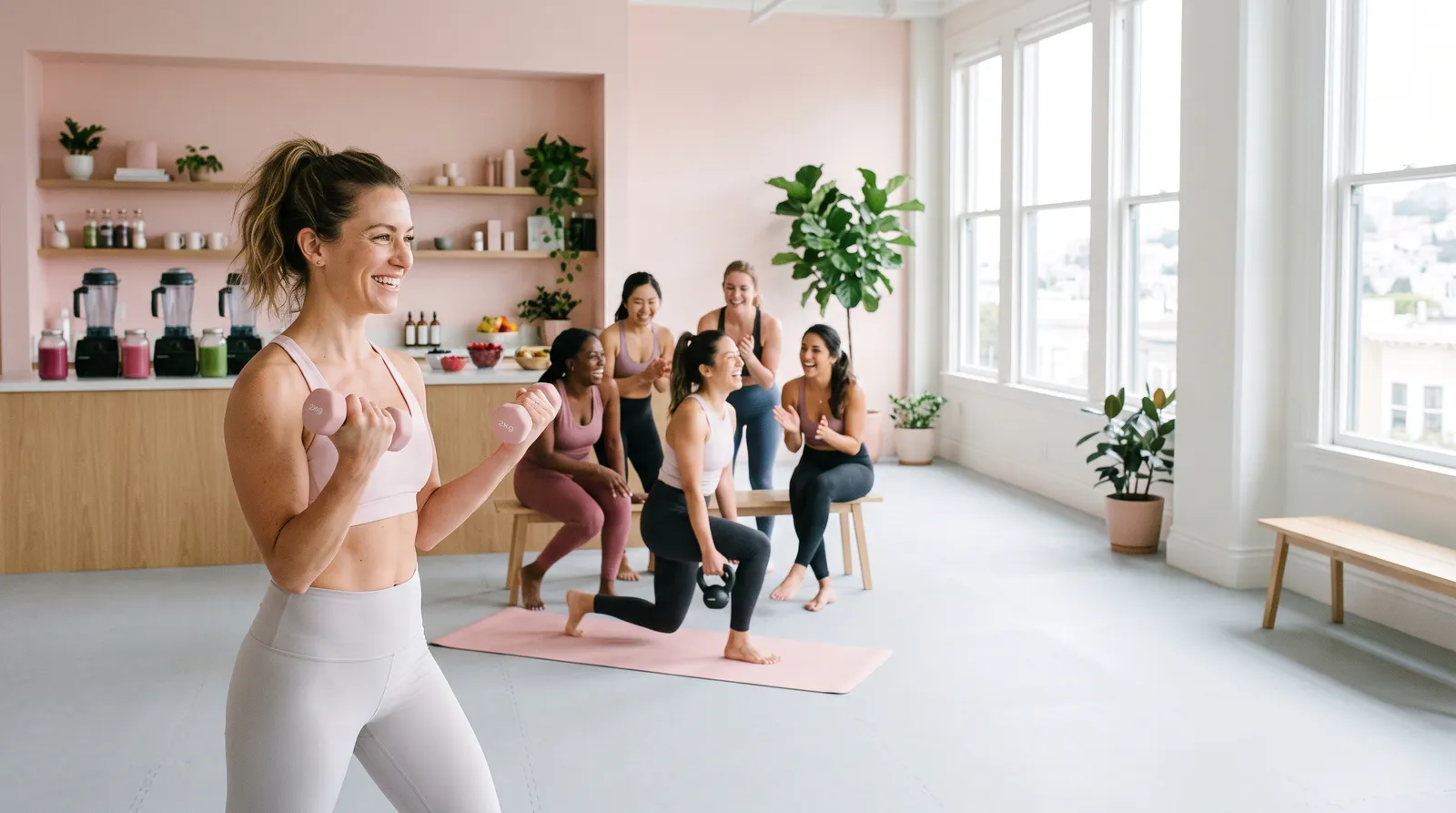 A woman in her thirties training with light dumbbells in a pink women-only gym, women exercising together behind her and a smoothie bar along the back wall