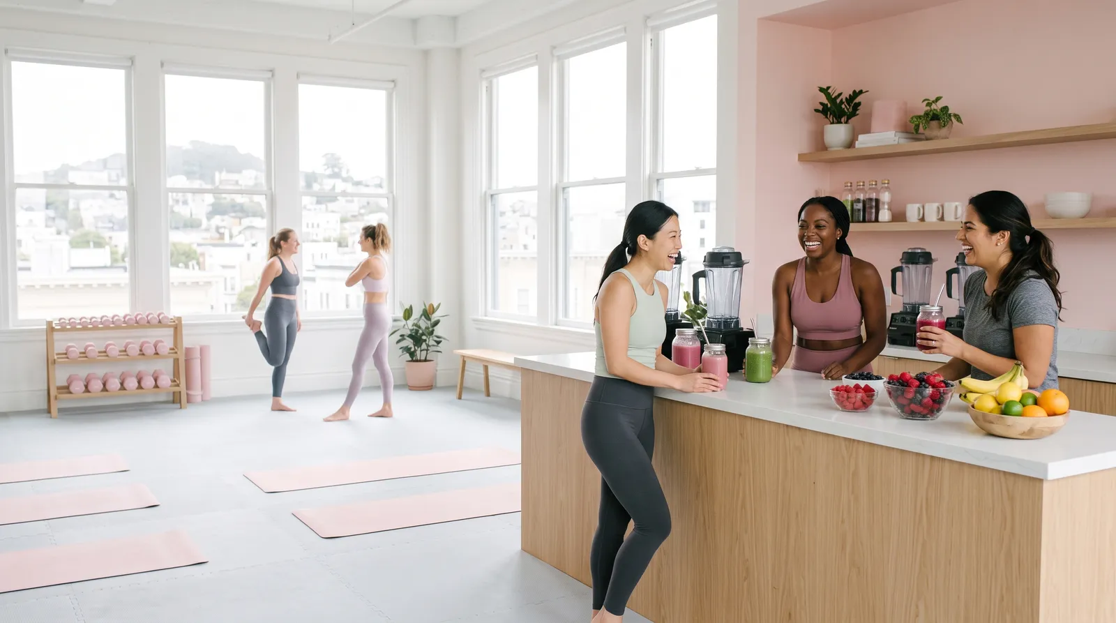 The OneWomen club: pink training floor on the left and women laughing over smoothies at the bar on the right