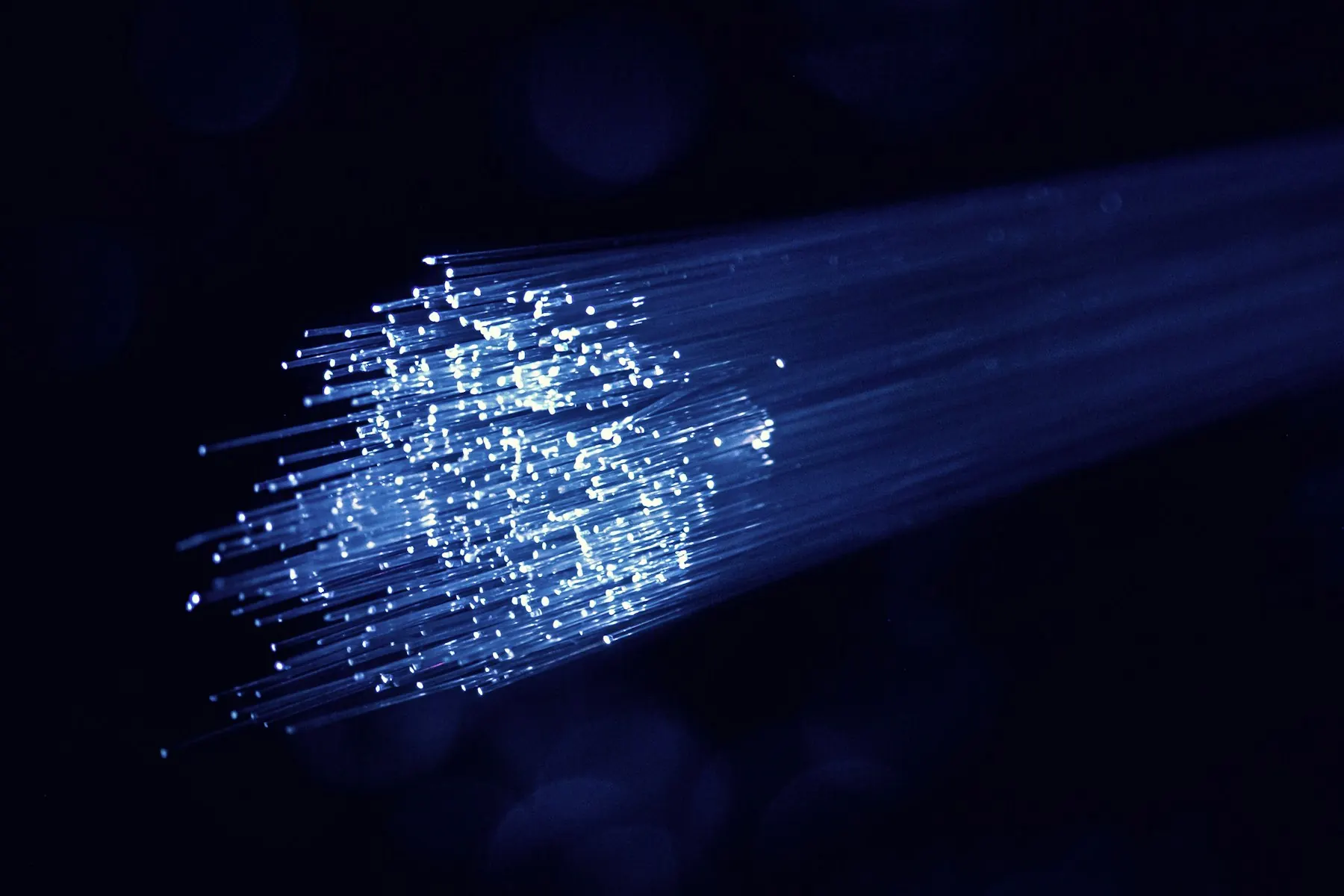 Bundle of fibre-optic strands glowing at the tips