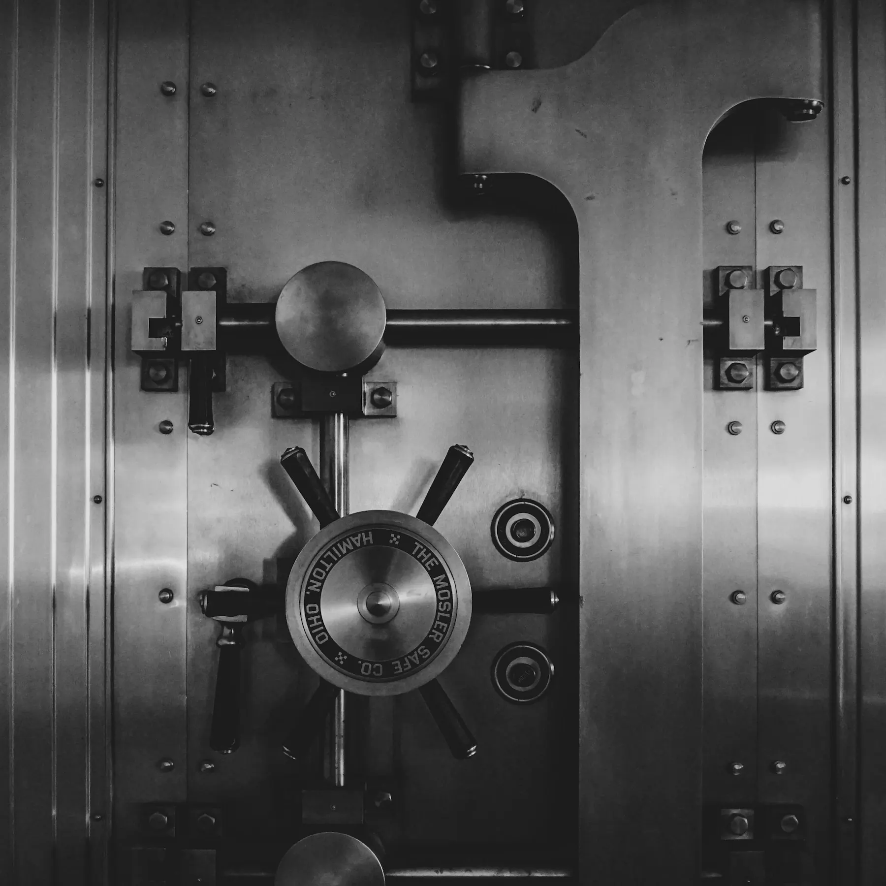 Steel bank-vault door with polished locking bolts