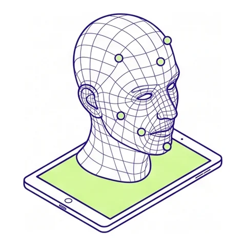 A wireframe scan of a man’s head above a tablet