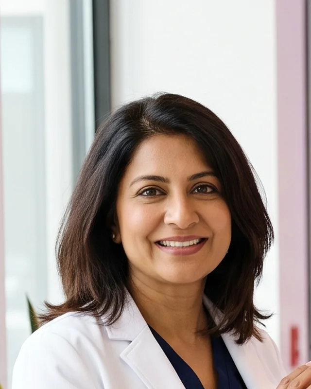 Dr. Priya Raman smiling in a white coat