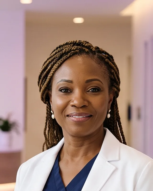 Dr. Amara Okafor smiling in a white coat