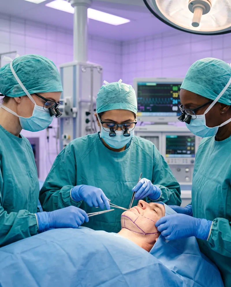 Three women surgeons in teal scrubs and loupes operating on a male patient