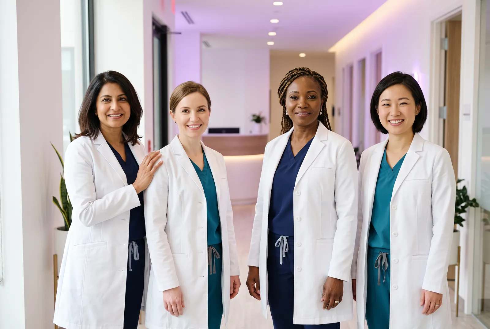 The four Womenknow surgeons in white coats standing together in the clinic