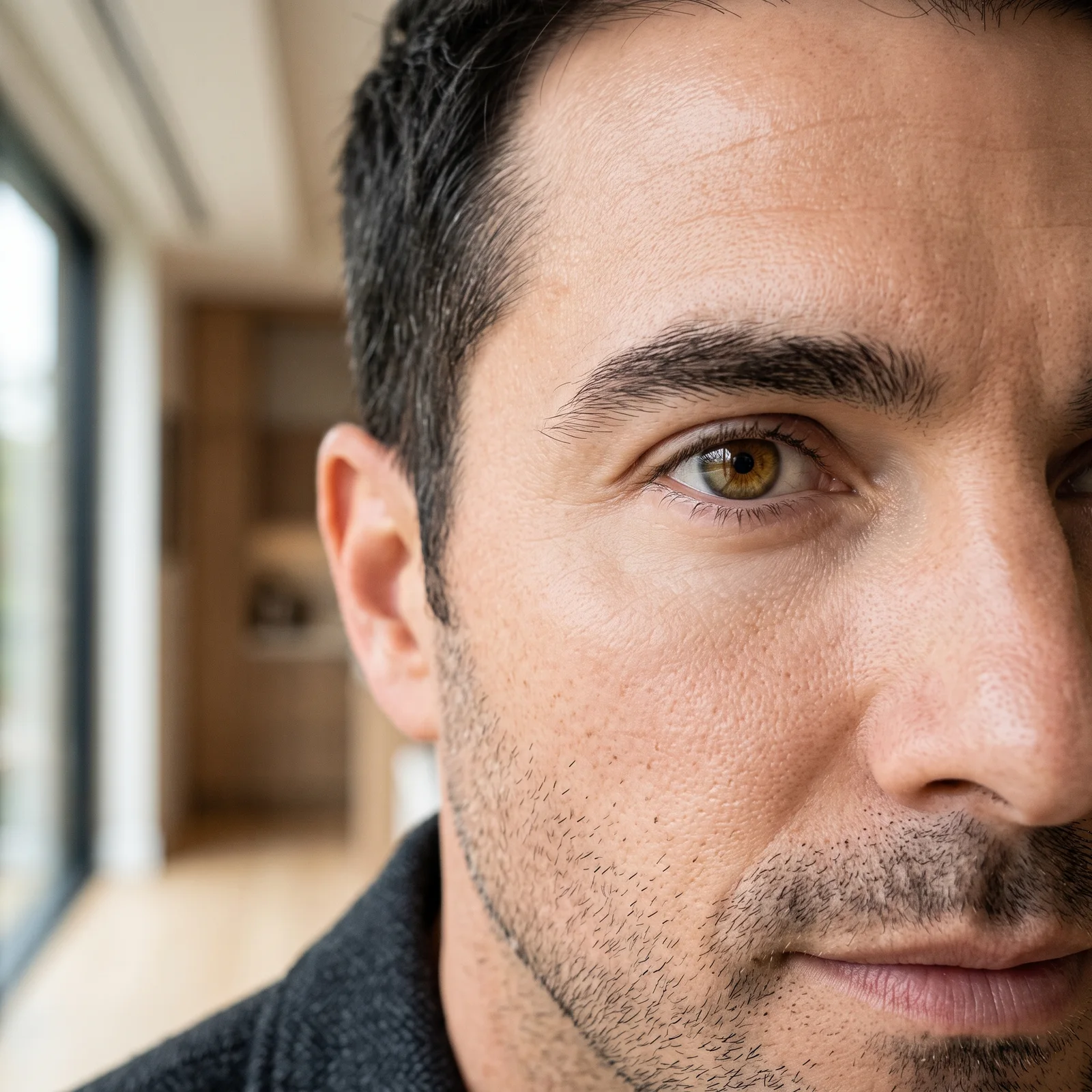 Close-up of a man's bright, alert eye with a crisp, well-defined upper eyelid