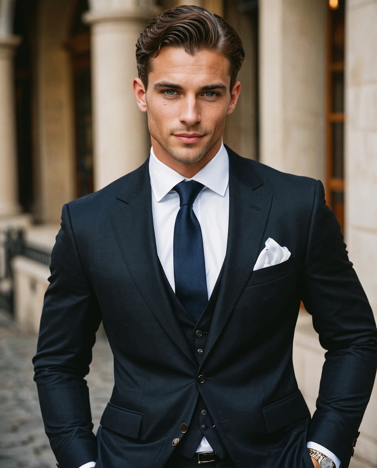 Marcus Reyes in a navy three-piece suit, smiling